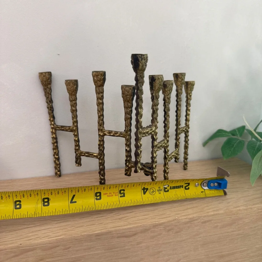 Vintage Brutalist Gold Metal Folding Menorah Candelabra Mid Century Modern 9 Arm